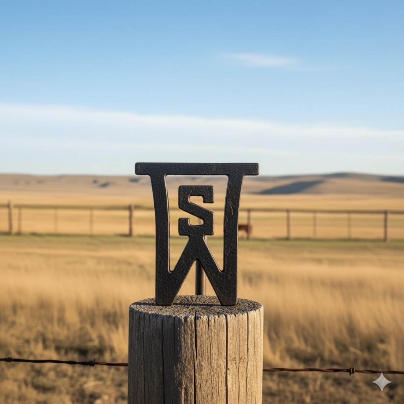 Sonoita Woodcraft brand mark on a fence post in the high desert grassland